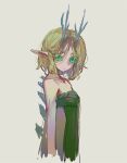  1girl aqua_eyes blonde_hair closed_mouth colored_sclera dragon_horns dress green_dress green_sclera highres horns looking_at_viewer medium_hair pointy_ears princess_zelda sidelocks simple_background solo spikes spoilers strapless strapless_dress the_legend_of_zelda the_legend_of_zelda:_tears_of_the_kingdom this_is_chamchi upper_body white_background 