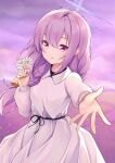  1girl atsuko_(blue_archive) blue_archive blush braid collared_dress dress flower foreshortening hair_between_eyes halo highres long_hair long_sleeves open_mouth purple_hair purple_halo red_eyes solo twin_braids upper_body white_dress white_flower xgao 