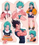  absurdres amachu_a aqua_eyes aqua_hair aqua_panties bandaid bandaid_on_knee bandaid_on_leg black_hair black_hairband bob_cut breasts bulma cameltoe cigarette collar commentary covered_nipples crop_top cropped_shirt curly_hair detached_wings dragon_ball dragon_ball_z english_commentary food grabbing grabbing_another&#039;s_breast grin hairband head_wreath highres holding holding_cigarette holding_leash ice_cream jacket leash leg_grab midriff mouth_hold muscular muscular_male navel open_mouth orange_collar orange_jacket panties pet_play shoes short_shorts shorts small_breasts smile smoke smoking sneakers spiked_collar spikes sundae twitter_username underwear vegeta white_panties wings 