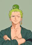  1boy bandana_around_arm commentary crossed_arms earrings green_background green_hair green_kimono highres japanese_clothes jewelry kimono komucom03 looking_up male_focus moss one_eye_closed one_piece roronoa_zoro scar scar_across_eye scar_on_chest short_hair upper_body v-shaped_eyebrows 