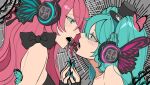  2girls aqua_eyes aqua_hair aqua_nails blush bug butterfly butterfly_hair_ornament butterfly_wings close-up commentary ella_eves face-to-face fingerless_gloves from_side gloves hair_between_eyes hair_ornament hat hatsune_miku headphones headset highres insect_wings long_hair looking_at_another magnet_(vocaloid) megurine_luka mini_hat mini_top_hat mouthpiece multiple_girls music nail_polish open_mouth pink_hair profile signature singing top_hat twintails vocaloid wings yuri 