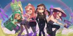  4girls :d :p arm_up bike_shorts black_hair black_jacket closed_mouth commentary_request dual_wielding explosher_(splatoon) eyebrow_cut glooga_dualies_(splatoon) green_hair gun hat highres holding holding_gun holding_weapon inkling inkling_girl inkling_player_character jacket multiple_girls octoling octoling_girl octoling_player_character outdoors polero_light print_shirt purple_eyes purple_hair red_eyes red_hair rice_hat shirt smile splatoon_(series) splatoon_3 splattershot_jr_(splatoon) teeth tenta_missiles_(splatoon) tongue tongue_out upper_teeth_only weapon yellow_eyes 