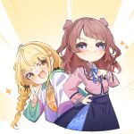  2girls blazer blonde_hair blue_overskirt blue_ribbon blue_skirt blush braid brown_hair brown_jacket commentary_request cropped_jacket doyagao fujita_kotone gakuen_idolmaster hair_ribbon hanami_saki hand_on_own_chest hatsuboshi_gakuen_school_uniform hatuho_1223 idolmaster jacket long_hair long_sleeves looking_at_viewer multicolored_clothes multicolored_jacket multiple_girls neck_ribbon ribbon school_uniform shirt skirt smile smug sparkle twin_braids two_side_up v white_shirt yellow_shirt 