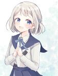  1girl baran._(ba_ra_ran) blue_eyes blue_overskirt blue_ribbon blush gakuen_idolmaster grey_hair half_up_braid hatsuboshi_gakuen_school_uniform highres idolmaster katsuragi_lilja long_sleeves looking_at_viewer neck_ribbon own_hands_together ribbon school_uniform smile solo 