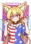  1girl american_flag_dress animal_ear_fluff animal_ears blonde_hair blue_nails blush claw_pose closed_mouth clownpiece dog_ears dress fairy fairy_wings fang fingernails hair_between_eyes highres long_hair looking_at_viewer multicolored_clothes multicolored_dress multicolored_nails nail_polish red_eyes red_nails shitacemayo short_sleeves solo star_(symbol) star_print striped_clothes striped_dress touhou twitter_username upper_body wings 