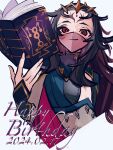  1girl black_hair bodystocking book breasts cape dated facial_mark fire_emblem fire_emblem_fates forehead_mark happy_birthday highres holding holding_book looking_at_viewer messy_hair mouth_veil nam3737373 nyx_(fire_emblem) red_eyes small_breasts solo tiara veil 