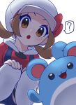  1girl :o ? blue_overalls bow brown_eyes brown_hair cabbie_hat grey_outline hat hat_bow highres lyra_(pokemon) marill omochi_(omotimotittona3) open_mouth outline overalls pokemon pokemon_(creature) pokemon_hgss red_bow short_hair speech_bubble spoken_question_mark squatting thighhighs white_hat white_thighhighs 