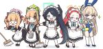  5girls @_@ absurdly_long_hair achilles_(yosshyachillesd) animal_ear_headphones animal_ears apron aris_(blue_archive) aris_(maid)_(blue_archive) black_dress black_footwear black_hair blonde_hair blue_archive blue_eyes blue_footwear blue_hair blue_halo blue_leotard blush braid closed_mouth detached_collar dress fake_animal_ears frilled_apron frills game_development_department_(blue_archive) green_eyes green_halo halo headphones highres leotard long_hair long_sleeves maid maid_apron maid_headdress midori_(blue_archive) midori_(maid)_(blue_archive) momoi_(blue_archive) momoi_(maid)_(blue_archive) multicolored_hair multiple_girls o_o official_alternate_costume open_mouth orange_halo pantyhose pink_halo purple_eyes rabbit_ears red_hair ringed_eyes shoes short_hair short_sleeves siblings side_ponytail simple_background sisters smile strapless strapless_leotard streaked_hair thighhighs toki_(blue_archive) toki_(bunny)_(blue_archive) twins very_long_hair white_apron white_background white_pantyhose white_thighhighs yuzu_(blue_archive) yuzu_(maid)_(blue_archive) 