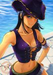  1girl absurdres armlet blue_eyes blunt_bangs breasts cleavage commentary cowboy_hat crop_top cross-laced_clothes cross-laced_top hand_on_own_hip hat highres looking_at_viewer medium_hair navel nico_robin one_piece purple_shirt sduniverse shirt sidelocks skirt sleeveless sleeveless_shirt smile solo water 