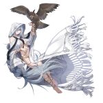  animal_on_arm barefoot bird bird_on_arm breasts cloak counter:side full_body grey_hair hair_over_one_eye highres hood hood_up jewelry large_breasts long_hair merlin_(counter:side) naked_cloak official_art owl purple_eyes simple_background tachi-e transparent_background white_cloak 