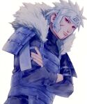  1boy armor blue_armor closed_mouth commentary cowboy_shot crossed_arms english_commentary facial_mark forehead_protector fur_collar fur_trim japanese_armor konohagakure_symbol long_sleeves male_focus naruto_(series) naruto_shippuuden red_eyes senju_tobirama short_hair shoulder_armor simple_background solo spiked_hair subuta_(butabutasubuta) white_background white_hair 