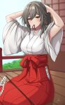  1girl absurdres adjusting_hair alternate_costume aoikito_lavender086 armpit_peek arms_up breasts gohei grey_hair hakama highres honkai:_star_rail honkai_(series) japanese_clothes long_hair looking_at_viewer medium_breasts medium_hair miko red_hakama shrine solo stelle_(honkai:_star_rail) trailblazer_(honkai:_star_rail) yellow_eyes 