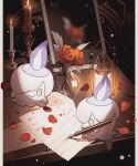  animate_object blurry candle fire flower ghost highres letter litwick mirror no_humans pokemon pokemon_(creature) purple_fire red_flower red_rose reflection reo_(mmocc123) rose smile table writing 