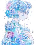  1girl commentary_request flower grey_eyes hagimorijia highres hydrangea leaf nail_polish original shirt short_hair solo tagme water water_drop 