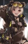  1girl black_choker black_gloves blush brown_jacket choker commentary_request commission corrupted_twitter_file double_bun eyewear_on_head gas_mask girls&#039;_frontline gloves hair_bun hand_up highres hood hooded_jacket jacket light_brown_hair looking_at_viewer mask open_clothes open_jacket p90_(girls&#039;_frontline) partially_fingerless_gloves pouch red_eyes short_hair shunka_tunacan skeb_commission smile solo sunglasses teeth upper_body upper_teeth_only 
