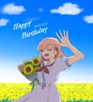  1girl ^_^ absurdres arms_up blue_sky blush bouquet closed_eyes cloud commentary cowboy_shot crossed_bangs dated dress field flower flower_field hair_ornament happy_birthday hasu_no_sora_school_uniform highres hinoshita_kaho holding holding_bouquet light_smile link!_like!_love_live! love_live! medium_dress medium_hair neckerchief open_mouth orange_hair pleated_dress rabbit_hair_ornament raon_515 red_neckerchief sailor_collar sailor_dress school_uniform short_sleeves sky solo summer_uniform sunflower symbol-only_commentary teeth two_side_up upper_teeth_only virtual_youtuber white_dress white_sailor_collar 