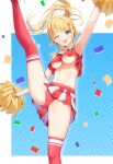  1girl absurdres ahoge arm_up armpits bare_shoulders blonde_hair blue_background blue_eyes blush breasts commentary_request confetti crop_top fujinomiya_rio hachimiya_meguru highres holding holding_pom_poms idolmaster idolmaster_shiny_colors large_breasts leg_up long_hair looking_at_viewer multicolored_background navel one_eye_closed open_mouth panties partial_commentary polka_dot polka_dot_background pom_pom_(cheerleading) ponytail red_panties red_shirt red_skirt red_thighhighs shirt skirt smile solo split standing standing_on_one_leg standing_split sweat thighhighs thighs two-tone_background underboob underwear white_background 