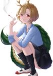  1girl antlers blonde_hair blue_shirt cigarette dragon_girl dragon_horns dragon_tail fur-tipped_tail green_scales highres holding holding_cigarette horns kicchou_yachie looking_at_viewer monster_girl onikoroshi open_mouth red_eyes scales shirt short_hair slav_squatting smile smoke smoking solo squatting tail touhou turtle_shell yellow_horns 