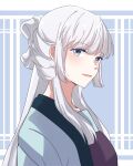  1girl bai_yuxiu blue_eyes blush chinese_clothes duijin_ruqun fengling_yuxiu hanfu highres jacket long_hair looking_at_viewer open_mouth shane-f smile solo upper_body white_hair 