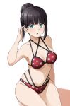  1girl alternate_hairstyle aqua_eyes armpit_crease barkhorn0331 bikini black_hair blunt_bangs breasts cleavage collarbone commentary groin hair_bun hand_up highres kurosawa_dia looking_at_viewer love_live! love_live!_sunshine!! medium_breasts midriff mole mole_under_each_eye mole_under_eye multiple_moles navel parted_lips red_bikini sidelocks solo swimsuit tucking_hair upper_body white_background 