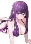  1girl :t alternate_costume ass baguette_(baguettech) bikini blunt_bangs blush breasts butt_crack cleavage closed_mouth fern_(sousou_no_frieren) highres large_breasts long_hair looking_at_viewer lying on_stomach pout purple_eyes purple_hair sidelocks simple_background solo sousou_no_frieren suprakill swimsuit wet white_background 