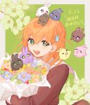  &gt;_&lt; &gt;_o 1girl :&gt; :&lt; :d ^_^ animal_on_head animalization anyoji_hime aqua_eyes basil_(wgh0anzdple3asf) bouquet brown_dress closed_eyes commentary_request crossed_bangs dated dress fang flower fujishima_megumi green_background green_eyes hair_ornament happy_birthday hasu_no_sora_school_uniform hinoshita_kaho holding holding_bouquet kachimachi_kosuzu korean_commentary link!_like!_love_live! long_sleeves looking_at_viewer love_live! medium_hair momose_ginko murano_sayaka on_head one_eye_closed open_mouth orange_hair osawa_rurino otomune_kozue purple_eyes rabbit rabbit_hair_ornament red_eyes sailor_collar sailor_dress school_uniform skin_fang smile solo_focus teeth too_many too_many_rabbits two_side_up upper_body upper_teeth_only virtual_youtuber white_sailor_collar winter_uniform xd yugiri_tsuzuri 