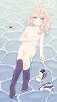  1girl absurdres alternate_costume alternate_hairstyle artist_request blue_archive check_artist collarbone flat_chest halo highres medium_hair natsu_(blue_archive) nipples no_shoes nude on_water pink_hair pink_halo r0k0_m0k0 red_eyes shoes solo thighhighs water 