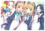  4girls absurdly_long_hair apron aris_(blue_archive) aris_(maid)_(blue_archive) black_dress blonde_hair blue_archive blue_eyes blush dress duster frilled_apron frills green_eyes green_halo halo holding holding_duster long_hair long_sleeves looking_at_viewer maid maid_apron maid_headdress midori_(blue_archive) midori_(maid)_(blue_archive) momoi_(blue_archive) momoi_(maid)_(blue_archive) multiple_girls official_alternate_costume one_eye_closed open_mouth pink_halo purple_eyes red_eyes red_hair sato_(r017xts117) short_hair siblings sisters smile twins very_long_hair white_apron yellow_halo yuzu_(blue_archive) yuzu_(maid)_(blue_archive) 