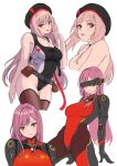  1girl armored_bodysuit armored_gloves belt_pouch beret black_choker bodysuit breasts brown_hair choker competition_swimsuit goddess_of_victory:_nikke hat highleg highleg_swimsuit highres impossible_bodysuit impossible_clothes large_breasts long_hair looking_at_viewer mass-produced_nikke multiple_views official_alternate_costume one-piece_swimsuit pouch purple_hair ramuneogura rapi_(classic_vacation)_(nikke) rapi_(nikke) red_bodysuit red_eyes smile swimsuit thighhighs two-tone_swimsuit visor_(armor) 