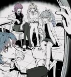  1boy 1other 3girls blade_(honkai:_star_rail) blue_hair cardigan chewing_gum classroom collared_shirt contemporary crossed_legs firefly_(honkai:_star_rail) grey_hair high_ponytail highres honkai:_star_rail honkai_(series) indoors kafka_(honkai:_star_rail) long_hair multiple_girls pencil_skirt pleated_skirt pov pov_hands purple_hair s426e sandals school_uniform shirt silver_wolf_(honkai:_star_rail) skirt spot_color v vest 