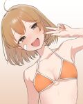  1girl :d ahoge bandaid bandaid_on_face bikini blush breasts brown_eyes brown_hair cleavage gradient_background highres kantai_collection medium_breasts nail_polish oboro_(kancolle) orange_bikini sakieko short_hair simple_background smile swimsuit upper_body v white_background 