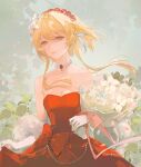  1girl absurdres bare_shoulders blonde_hair bouquet bow breasts choker cleavage collarbone cowboy_shot dress dress_bow feather_hair_ornament feathers floating_hair floral_background flower genshin_impact gown hair_flower hair_ornament headdress highres holding holding_bouquet leaf looking_at_viewer lumine_(genshin_impact) mizukizhu pearl_choker red_bow red_dress short_hair_with_long_locks skirt_hold smile solo strapless strapless_dress white_choker white_flower yellow_eyes 