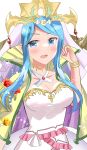  1girl blue_eyes blue_hair breasts capelet cleavage commentary_request crown dress fire_emblem fire_emblem_engage gold_trim green_capelet highres lumera_(fire_emblem) parted_bangs potato0805 simple_background solo strapless strapless_dress white_background white_dress 