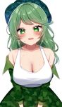  1girl :o aqua_hat bare_shoulders blush breasts cabbie_hat camouflage cleavage collarbone commission dress green_dress green_eyes green_hair hat highres large_breasts looking_at_viewer revision shinonome_asu simple_background skeb_commission solo sweat tank_top textless_version touhou v_arms white_background white_tank_top yamashiro_takane 