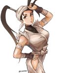  1girl artist_name bandaged_arm bandages bandana black_hair bow eyelashes grey_eyes hair_pulled_back hand_on_own_forehead highres hip_vent ibuki_(street_fighter) lightsosis long_hair open_mouth simple_background solo standing street_fighter street_fighter_iii_(series) twitter_username white_background white_bandana white_bow 