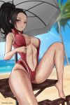  1girl absurdres adapted_costume beach beach_umbrella black_hair blue_sky boku_no_hero_academia breasts day high_ponytail highres knee_up large_breasts navel one-piece_swimsuit outdoors parted_lips plunging_neckline red_one-piece_swimsuit sitting sky solo stomach swimsuit thighs tree umbrella wonnikon yaoyorozu_momo 