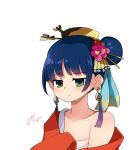  1girl ameno_sagiri_(artist) bell bell_earrings blue_hair breasts cleavage comb commentary_request earrings frown green_eyes hair_ornament hair_stick japanese_clothes jewelry kimono napier red_kimono sekaiju_no_meikyuu sekaiju_no_meikyuu_3 simple_background single_bare_shoulder solo tassel tassel_earrings upper_body white_background 