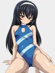  1girl black_hair blue_one-piece_swimsuit brown_eyes cameltoe casual_one-piece_swimsuit circle_cutout cleavage_cutout clothing_cutout girls_und_panzer grey_background hairband highleg highleg_swimsuit highres long_hair looking_at_viewer one-piece_swimsuit reizei_mako simple_background solo striped_clothes striped_one-piece_swimsuit suzumori_kuroku swimsuit turtleneck white_hairband 