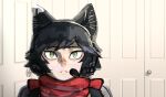  1girl animal_ears black_hair cat_ears cat_girl commentary dungeon_meshi english_commentary headset highres indoors izutsumi light_frown linus_tech_tips looking_at_viewer meme parody red_scarf sad_linus_(meme) scarf short_hair sitting solo straight-on upper_body yellow_eyes zela_kantal 