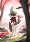  blurry blurry_foreground brown_neckerchief colored_skin commentary diviously english_commentary flower gallade green_hair highres holding holding_flower lily_pad neckerchief orange_eyes pokemon pokemon_(creature) red_flower ripples spider_lily standing wading water white_skin 