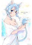  1girl animal_ears bare_shoulders blue_eyes blue_hair blush braid breasts cat_ears cat_girl cat_tail character_name cleavage collarbone commentary_request copyright_name dress english_text fairy_(sao) hair_between_eyes highres holding_own_tail looking_at_viewer looking_to_the_side off-shoulder_dress off_shoulder outline parted_lips shi-2 short_hair sinon_(sao-alo) solo sword_art_online tail twin_braids twitter_username upper_body white_background white_dress white_outline 