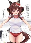  1girl absurdres alternate_costume animal_ears breasts brown_hair buruma crack cracked_floor gentildonna_(umamusume) gryebooks hair_rings heavy_breathing highres horse_ears horse_tail incoming_hug large_breasts looking_at_viewer open_mouth outstretched_arms pov simple_background solo spread_arms sweat tail thighhighs umamusume verxina_(umamusume) white_background 