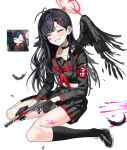  1girl absurdres armband black_choker black_sailor_collar black_serafuku black_wings blood blood_on_face blood_on_leg blue_archive choker feathered_wings feathers full_body gun hair_ornament hairclip halo handgun highres ichika_(blue_archive) neckerchief ohw8g pink_blood plucked_feathers red_armband red_halo red_neckerchief safety_pin sailor_collar school_uniform serafuku simple_background solo weapon white_background wings 