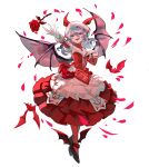  1girl alternate_costume alternate_hairstyle bat_(animal) bat_wings blue_hair breasts chamaruk cleavage commentary_request commission detached_sleeves dress familiar fang flower gloves hat hat_ribbon heart high_heels highres long_hair mob_cap pantyhose petals red_dress red_eyes remilia_scarlet ribbon rose rose_petals simple_background skeb_commission smile solo touhou white_background winged_footwear wings 