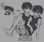  2boys carrying closed_mouth english_text expressionless greyscale kyannu looking_at_viewer monochrome multiple_boys omori omori_(omori) open_mouth princess_carry short_hair short_sleeves shorts socks speech_bubble sunny_(omori) 