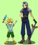  2boys aged_down armor arms_up belt blonde_hair blue_eyes blue_pants blue_shirt blue_sweater blush_stickers boots brown_footwear brown_gloves cloud_strife commentary_request final_fantasy final_fantasy_vii full_body gloves green_background green_eyes green_pants grey_hair hand_on_own_hip holding holding_sword holding_weapon leather_belt long_hair looking_at_another looking_down low_ponytail male_focus multiple_belts multiple_boys pants parted_bangs pauldrons planted planted_sword popochan-f sephiroth serious shirt shoulder_armor simple_background sleeveless sleeveless_sweater sleeveless_turtleneck smile socks spiked_hair suspenders sweater sword t-shirt toy_sword turtleneck turtleneck_sweater weapon white_socks yellow_footwear 