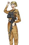  1girl assault_rifle belt bulletproof_vest combat_helmet eotech glasses gun helmet highres indian_flag insas military open_mouth optical_sight patch renomisu rifle tactical_clothes weapon white_background 