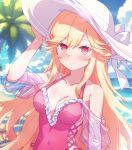  1girl arbiter1 azur_lane bare_shoulders bikini blonde_hair blurry blurry_background blush breasts cleavage covered_navel cross-laced_bikini cross-laced_clothes cross-laced_one-piece_swimsuit frilled_one-piece_swimsuit frills hat highres medium_breasts one-piece_swimsuit outdoors pink_one-piece_swimsuit red_eyes richelieu_(azur_lane) richelieu_(fleuron_of_the_waves)_(azur_lane) see-through see-through_sleeves side-tie_swimsuit sun_hat swimsuit 