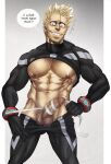  1boy abs bara beard_stubble biceps blonde_hair body_hair bodysuit boku_no_hero_academia bracelet facial_hair feet_out_of_frame hairy highres huge_pectorals jewelry male_focus manly mature_male muscular muscular_male nipples pectorals precum saliva saliva_trail scar simple_background smirk solo soynutts spandex speech_bubble spiked_hair stubble suit sweat tape_measure teeth tight_clothes twice_(boku_no_hero_academia) veins 