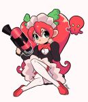  1girl bow bowtie commentary daturawr dot_nose english_commentary full_body green_eyes gun hair_between_eyes highres holding holding_gun holding_weapon long_hair octoling octoling_girl octoling_player_character octoshot_(splatoon) red_bow red_bowtie red_hair simple_background sitting solo splatoon_(series) tentacle_hair thighhighs twintails weapon white_background white_headdress white_thighhighs 